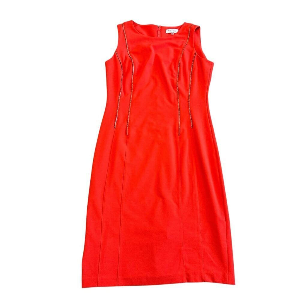 Calvin Klein Bold Red Sleeveless Sheath Dress Gold Zipper Detail Size 8 Women's